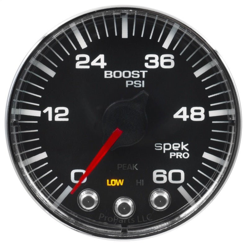 Autometer Spek - Pro Gauge Boost 2 1/16in 60psi Stepper Motor W/Peak & Warn Black / Chrm Universal | P30432 - JDMuscleBoost GaugesatmP304318