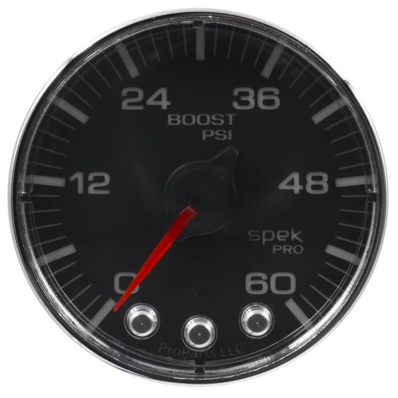 Autometer Spek - Pro Gauge Boost 2 1/16in 60psi Stepper Motor W/Peak & Warn Black / Chrm Universal | P30432 - JDMuscleBoost GaugesatmP304318