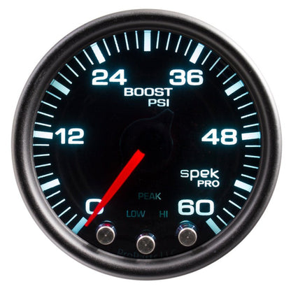 Autometer Spek - Pro Gauge Boost 2 1/16in 60psi Stepper Motor W/Peak & Warn Black/ Smoke / Black Universal | P30452 - JDMuscleBoost GaugesatmP30452