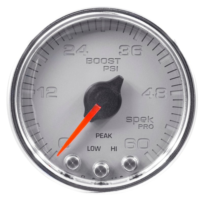 Autometer Spek - Pro Gauge Boost 2 1/16in 60psi Stepper Motor W/Peak & Warn Silver / Chrm Universal | P30421 - JDMuscleBoost GaugesatmP30421