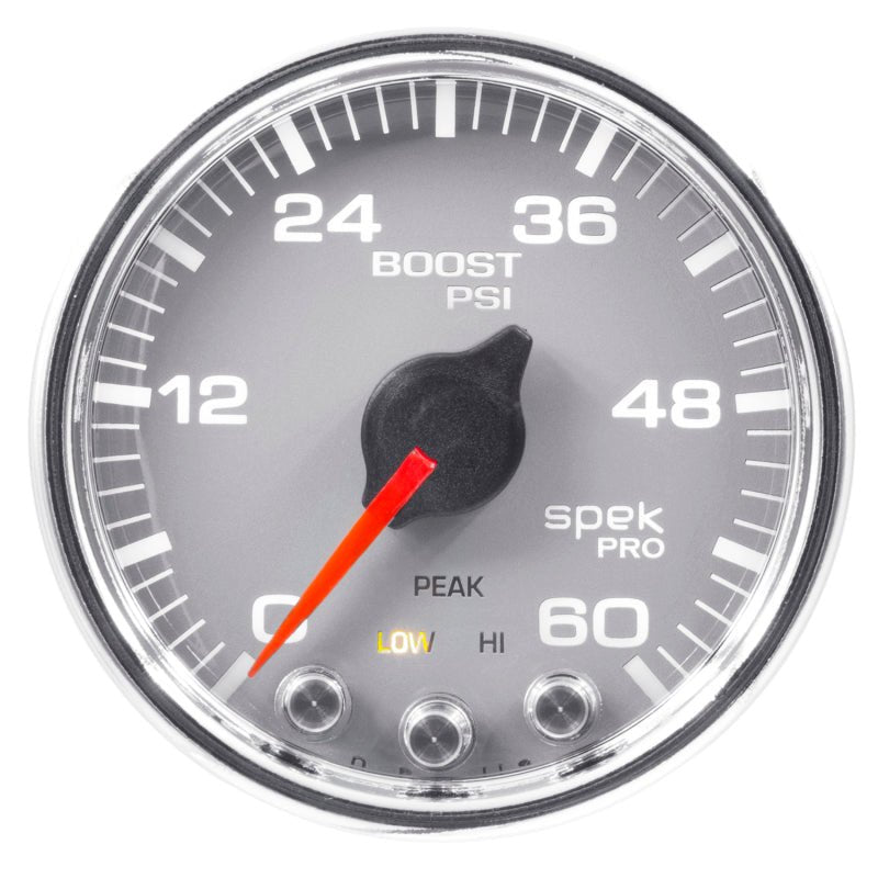 Autometer Spek - Pro Gauge Boost 2 1/16in 60psi Stepper Motor W/Peak & Warn Silver / Chrm Universal | P30421 - JDMuscleBoost GaugesatmP30421
