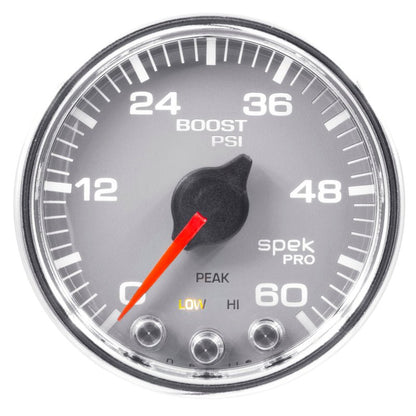 Autometer Spek - Pro Gauge Boost 2 1/16in 60psi Stepper Motor W/Peak & Warn Silver / Chrm Universal | P30421 - JDMuscleBoost GaugesatmP30421