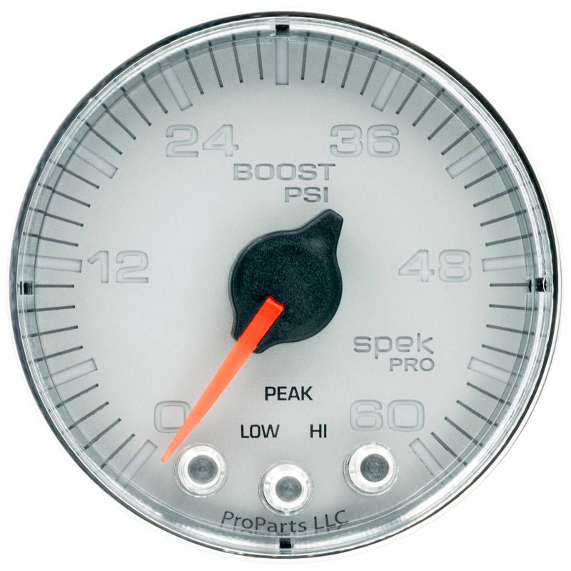 Autometer Spek - Pro Gauge Boost 2 1/16in 60psi Stepper Motor W/Peak & Warn Silver / Chrm Universal | P304218 - JDMuscleBoost GaugesatmP304218