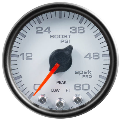 Autometer Spek - Pro Gauge Boost 2 1/16in 60psi Stepper Motor W/Peak & Warn White / Black Universal | P30412 - JDMuscleBoost GaugesatmP30412