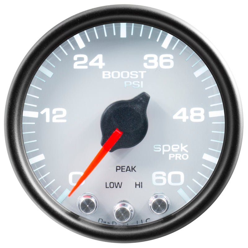 Autometer Spek - Pro Gauge Boost 2 1/16in 60psi Stepper Motor W/Peak & Warn White / Black Universal | P30412 - JDMuscleBoost GaugesatmP30412