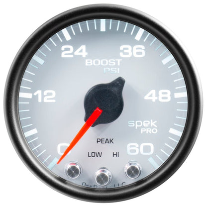 Autometer Spek - Pro Gauge Boost 2 1/16in 60psi Stepper Motor W/Peak & Warn White / Black Universal | P30412 - JDMuscleBoost GaugesatmP30412
