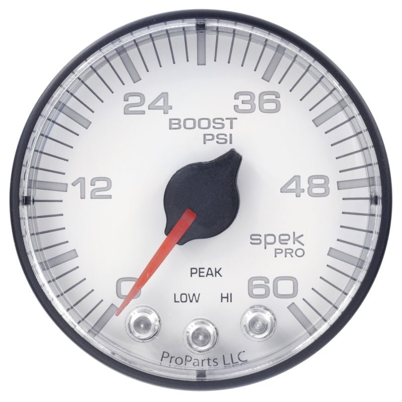 Autometer Spek - Pro Gauge Boost 2 1/16in 60psi Stepper Motor W/Peak & Warn White / Black Universal | P304128 - JDMuscleBoost GaugesatmP304128