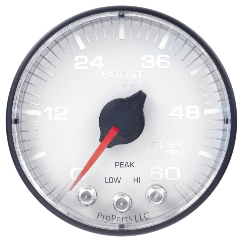 Autometer Spek - Pro Gauge Boost 2 1/16in 60psi Stepper Motor W/Peak & Warn White / Black Universal | P304128 - JDMuscleBoost GaugesatmP304128