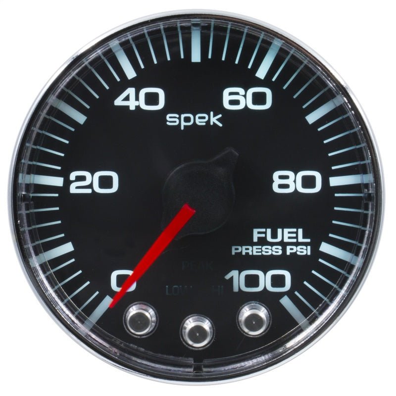 Autometer Spek - Pro Gauge Fuel Press 2 1/16in 100psi Stepper Motor W/ Peak & Warn Black / Chrm Universal | P314318 - JDMuscleFuel Pressure Regulator GaugesatmP314318