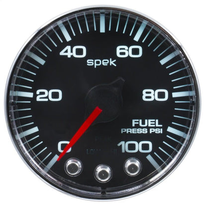Autometer Spek - Pro Gauge Fuel Press 2 1/16in 100psi Stepper Motor W/ Peak & Warn Black / Chrm Universal | P314318 - JDMuscleFuel Pressure Regulator GaugesatmP314318
