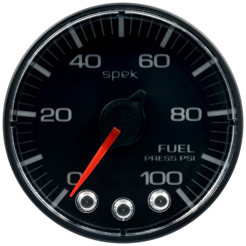 Autometer Spek - Pro Gauge Fuel Press 2 1/16in 100psi Stepper Motor W/Peak & Warn Black / Black Universal | P314328 - JDMuscleFuel Pressure Regulator GaugesatmP314328