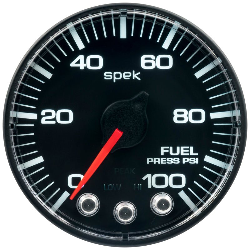 Autometer Spek - Pro Gauge Fuel Press 2 1/16in 100psi Stepper Motor W/Peak & Warn Black / Black Universal | P314328 - JDMuscleFuel Pressure Regulator GaugesatmP314328