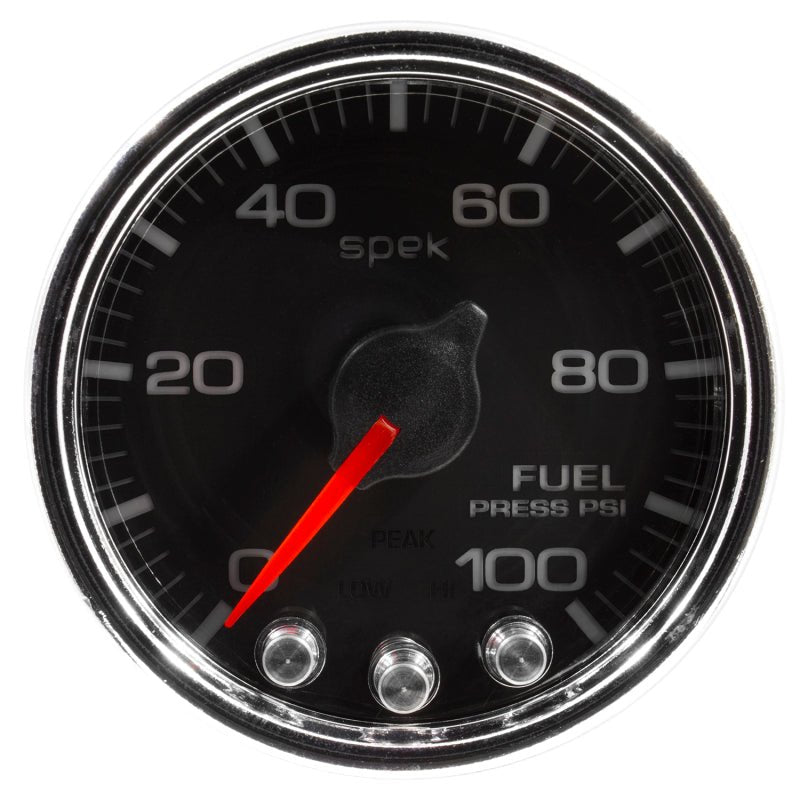 Autometer Spek - Pro Gauge Fuel Press 2 1/16in 100psi Stepper Motor W/Peak & Warn Black / Chrm Universal | P31431 - JDMuscleFuel Pressure Regulator GaugesatmP31431