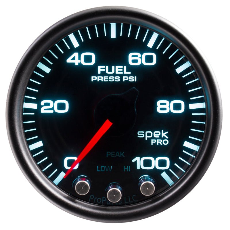 Autometer Spek - Pro Gauge Fuel Press 2 1/16in 100psi Stepper Motor W/Peak & Warn Black / Smoke / Black Universal | P31452 - JDMuscleFuel Pressure Regulator GaugesatmP31452