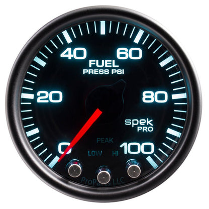 Autometer Spek - Pro Gauge Fuel Press 2 1/16in 100psi Stepper Motor W/Peak & Warn Black / Smoke / Black Universal | P31452 - JDMuscleFuel Pressure Regulator GaugesatmP31452