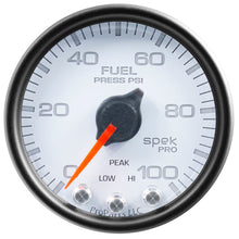Autometer Spek - Pro Gauge Fuel Press 2 1/16in 100psi Stepper Motor W/Peak & Warn White /Black Universal | P31412 - JDMuscleFuel Pressure Regulator GaugesatmP31412