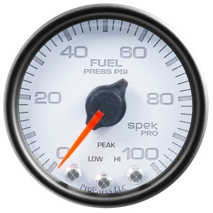 Autometer Spek - Pro Gauge Fuel Press 2 1/16in 100psi Stepper Motor W/Peak & Warn White /Black Universal | P31412 - JDMuscleFuel Pressure Regulator GaugesatmP31412
