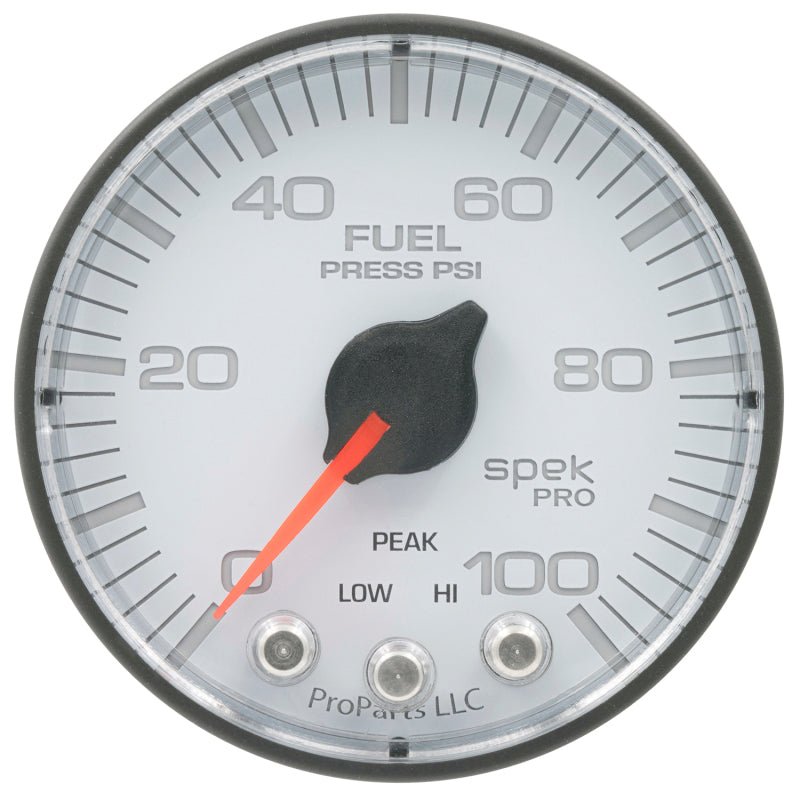 Autometer Spek - Pro Gauge Fuel Press 2 1/16in 100psi Stepper Motor W/Peak & Warn White / Black Universal | P314128 - JDMuscleFuel Pressure Regulator GaugesatmP314128