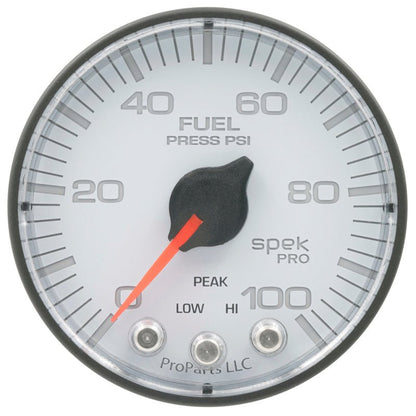 Autometer Spek - Pro Gauge Fuel Press 2 1/16in 100psi Stepper Motor W/Peak & Warn White / Black Universal | P314128 - JDMuscleFuel Pressure Regulator GaugesatmP314128