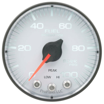 Autometer Spek - Pro Gauge Fuel Press 2 1/16in 100psi Stepper Motor W/Peak & Warn White / Black Universal | P314128 - JDMuscleFuel Pressure Regulator GaugesatmP314128