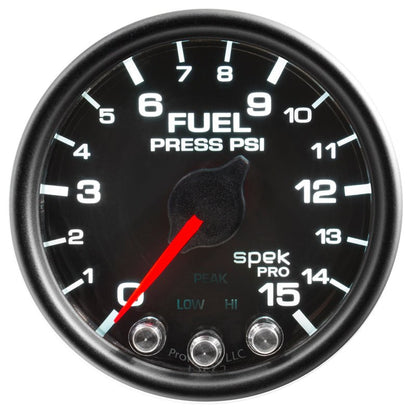 Autometer Spek - Pro Gauge Fuel Press 2 1/16in 15psi Stepper Motor W/Peak & Warn Black / Black Universal | P31532 - JDMuscleFuel Pressure Regulator GaugesatmP31532