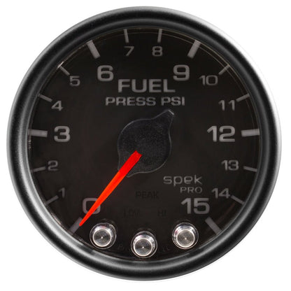 Autometer Spek - Pro Gauge Fuel Press 2 1/16in 15psi Stepper Motor W/Peak & Warn Black / Black Universal | P31532 - JDMuscleFuel Pressure Regulator GaugesatmP31532