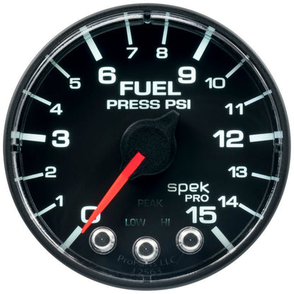 Autometer Spek - Pro Gauge Fuel Press 2 1/16in 15psi Stepper Motor W/Peak & Warn Black / Black Universal | P315328 - JDMuscleFuel Pressure Regulator GaugesatmP315328