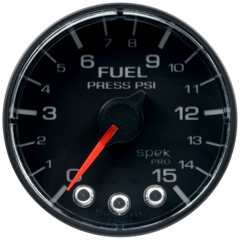 Autometer Spek - Pro Gauge Fuel Press 2 1/16in 15psi Stepper Motor W/Peak & Warn Black / Black Universal | P315328 - JDMuscleFuel Pressure Regulator GaugesatmP315328