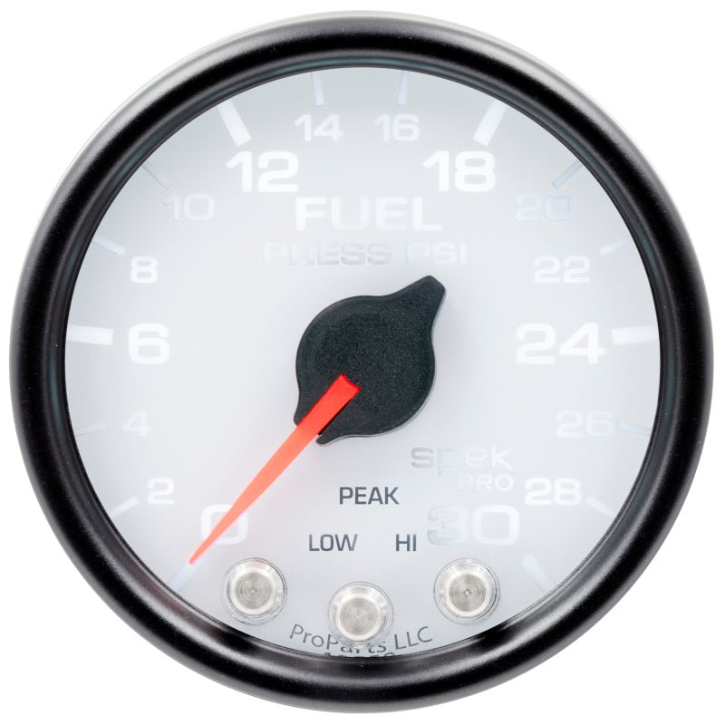 Autometer Spek - Pro Gauge Fuel Press 2 1/16in 30psi Stepper Motor W/Peak & Warn White/ Black Universal | P31612 - JDMuscleFuel Pressure Regulator GaugesatmP31612