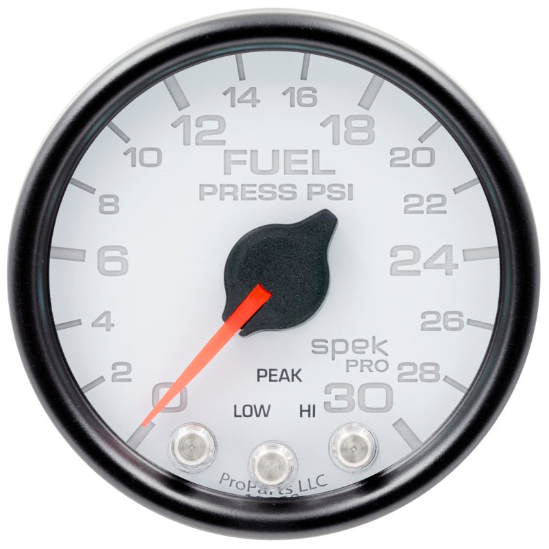 Autometer Spek - Pro Gauge Fuel Press 2 1/16in 30psi Stepper Motor W/Peak & Warn White/ Black Universal | P31612 - JDMuscleFuel Pressure Regulator GaugesatmP31612
