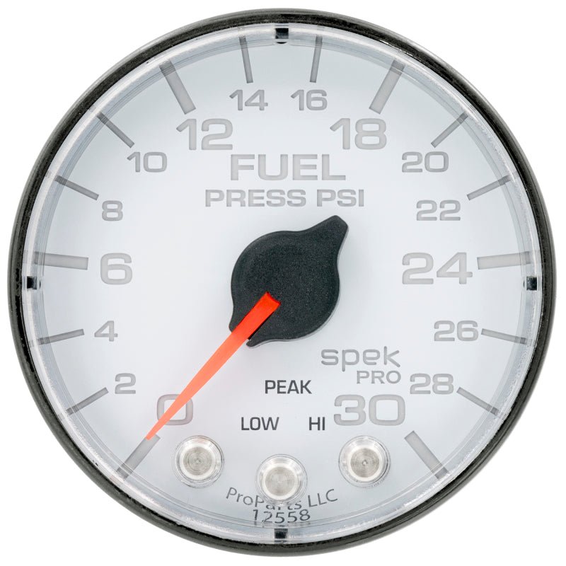 Autometer Spek - Pro Gauge Fuel Press 2 1/16in 30psi Stepper Motor W/Peak & Warn White/ Black Universal | P316128 - JDMuscleFuel Pressure Regulator GaugesatmP316128
