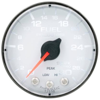 Autometer Spek - Pro Gauge Fuel Press 2 1/16in 30psi Stepper Motor W/Peak & Warn White/ Black Universal | P316128 - JDMuscleFuel Pressure Regulator GaugesatmP316128