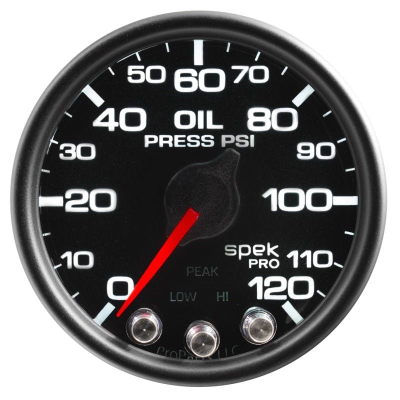Autometer Spek - Pro Gauge Oil Press 2 1/16in 120psi Stepper Motor W/Peak & Warn Black / Black Universal | P32532 - JDMusclePressure GaugesatmP32532
