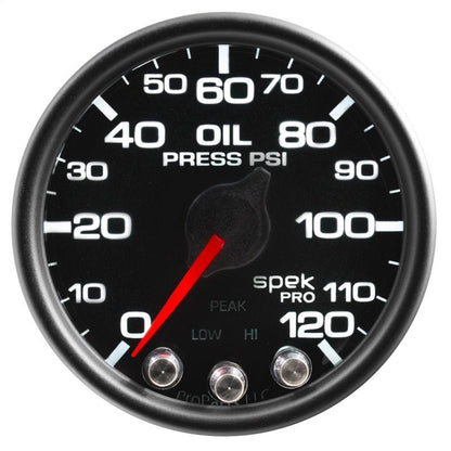 Autometer Spek - Pro Gauge Oil Press 2 1/16in 120psi Stepper Motor W/Peak & Warn Black / Black Universal | P32532 - JDMusclePressure GaugesatmP32532