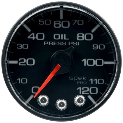 Autometer Spek - Pro Gauge Oil Press 2 1/16in 120psi Stepper Motor W/Peak & Warn Black / Black Universal | P325324 - JDMusclePressure GaugesatmP325324