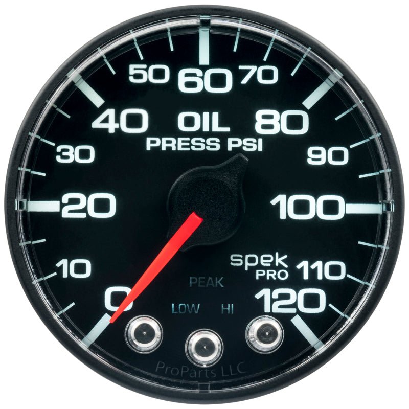 Autometer Spek - Pro Gauge Oil Press 2 1/16in 120psi Stepper Motor W/Peak & Warn Black / Black Universal | P325324 - JDMusclePressure GaugesatmP325324