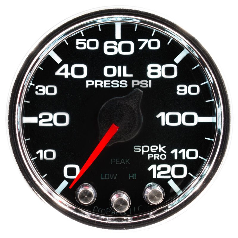 Autometer Spek - Pro Gauge Oil Press 2 1/16in 120psi Stepper Motor W/Peak & Warn Black / Chrome Universal | P32531 - JDMusclePressure GaugesatmP32531