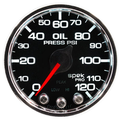 Autometer Spek - Pro Gauge Oil Press 2 1/16in 120psi Stepper Motor W/Peak & Warn Black / Chrome Universal | P32531 - JDMusclePressure GaugesatmP32531