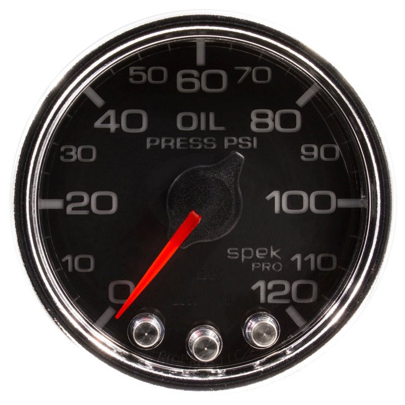 Autometer Spek - Pro Gauge Oil Press 2 1/16in 120psi Stepper Motor W/Peak & Warn Black / Chrome Universal | P32531 - JDMusclePressure GaugesatmP32531