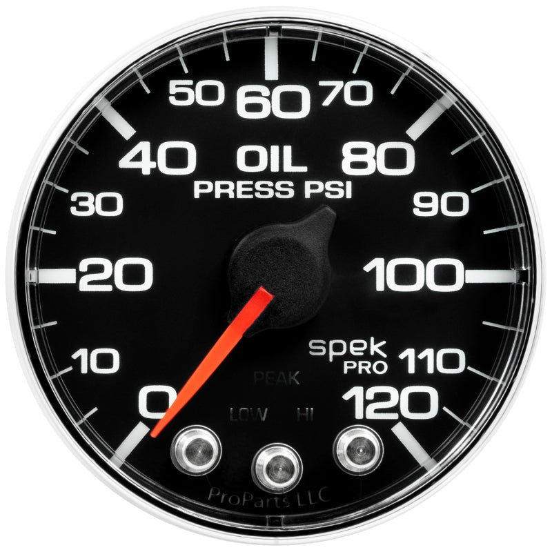 Autometer Spek - Pro Gauge Oil Press 2 1/16in 120psi Stepper Motor W/Peak & Warn Black / Chrome Universal | P325318 - JDMusclePressure GaugesatmP325318