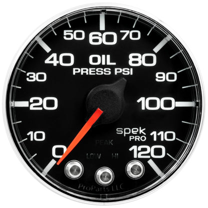 Autometer Spek - Pro Gauge Oil Press 2 1/16in 120psi Stepper Motor W/Peak & Warn Black / Chrome Universal | P325318 - JDMusclePressure GaugesatmP325318