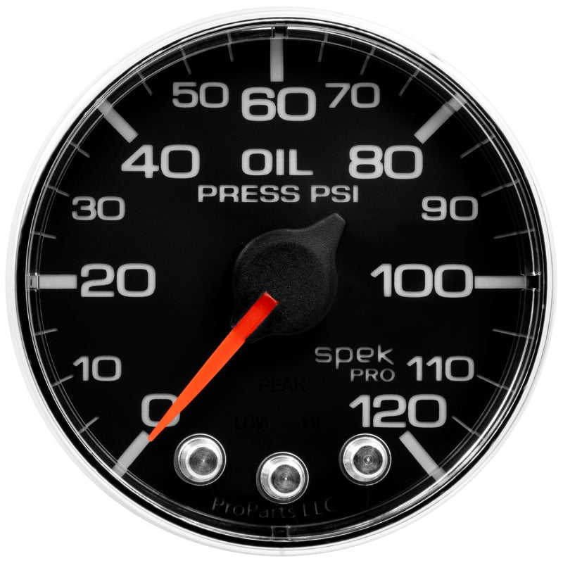 Autometer Spek - Pro Gauge Oil Press 2 1/16in 120psi Stepper Motor W/Peak & Warn Black / Chrome Universal | P325318 - JDMusclePressure GaugesatmP325318