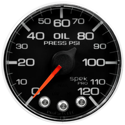 Autometer Spek - Pro Gauge Oil Press 2 1/16in 120psi Stepper Motor W/Peak & Warn Black / Chrome Universal | P325318 - JDMusclePressure GaugesatmP325318