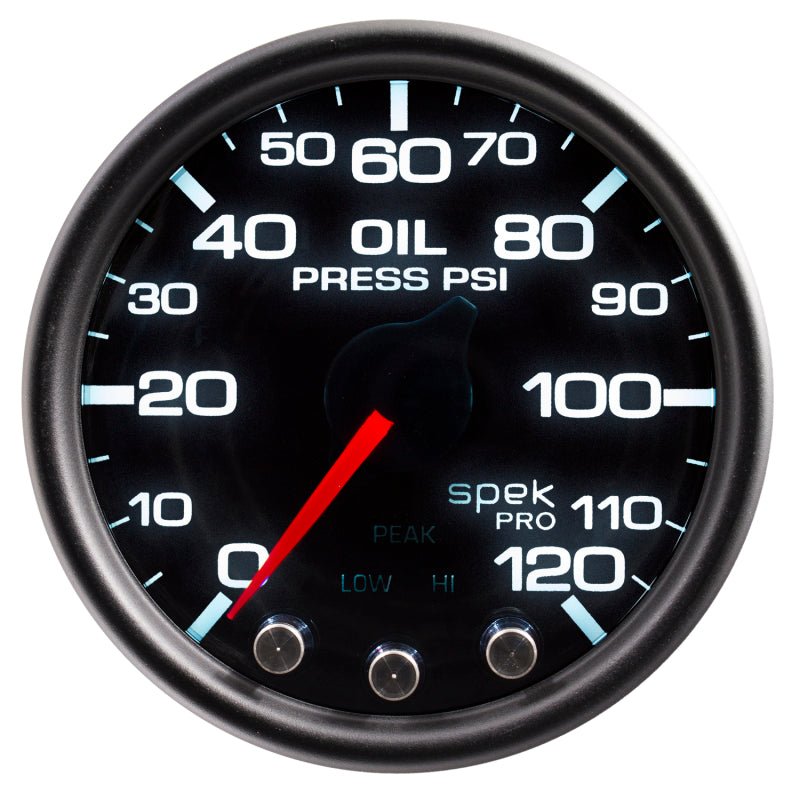 Autometer Spek - Pro Gauge Oil Press 2 1/16in 120psi Stepper Motor W/Peak & Warn Black / Smoke / Black Universal | P32552 - JDMusclePressure GaugesatmP32552
