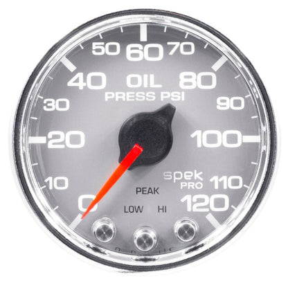 Autometer Spek - Pro Gauge Oil Press 2 1/16in 120psi Stepper Motor W/Peak & Warn Silver /Chrome Universal | P32521 - JDMusclePressure GaugesatmP32521