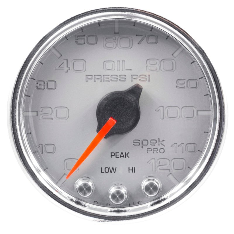 Autometer Spek - Pro Gauge Oil Press 2 1/16in 120psi Stepper Motor W/Peak & Warn Silver /Chrome Universal | P32521 - JDMusclePressure GaugesatmP32521