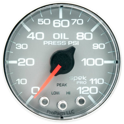 Autometer Spek - Pro Gauge Oil Press 2 1/16in 120psi Stepper Motor W/Peak & Warn Silver / Chrome Universal | P325218 - JDMusclePressure GaugesatmP325218
