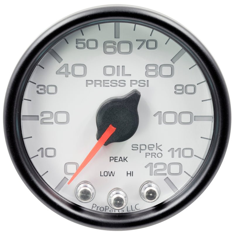Autometer Spek - Pro Gauge Oil Press 2 1/16in 120psi Stepper Motor W/Peak & Warn White / Black Universal | P32512 - JDMusclePressure GaugesatmP32512