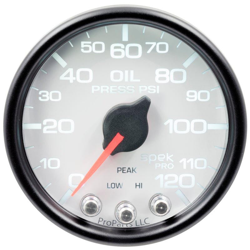 Autometer Spek - Pro Gauge Oil Press 2 1/16in 120psi Stepper Motor W/Peak & Warn White / Black Universal | P32512 - JDMusclePressure GaugesatmP32512