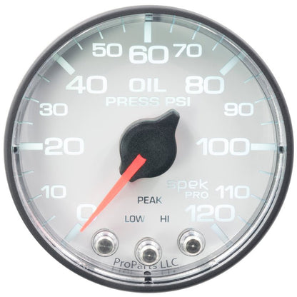 Autometer Spek - Pro Gauge Oil Press 2 1/16in 120psi Stepper Motor W/Peak & Warn White / Black Universal | P325128 - JDMusclePressure GaugesatmP325128